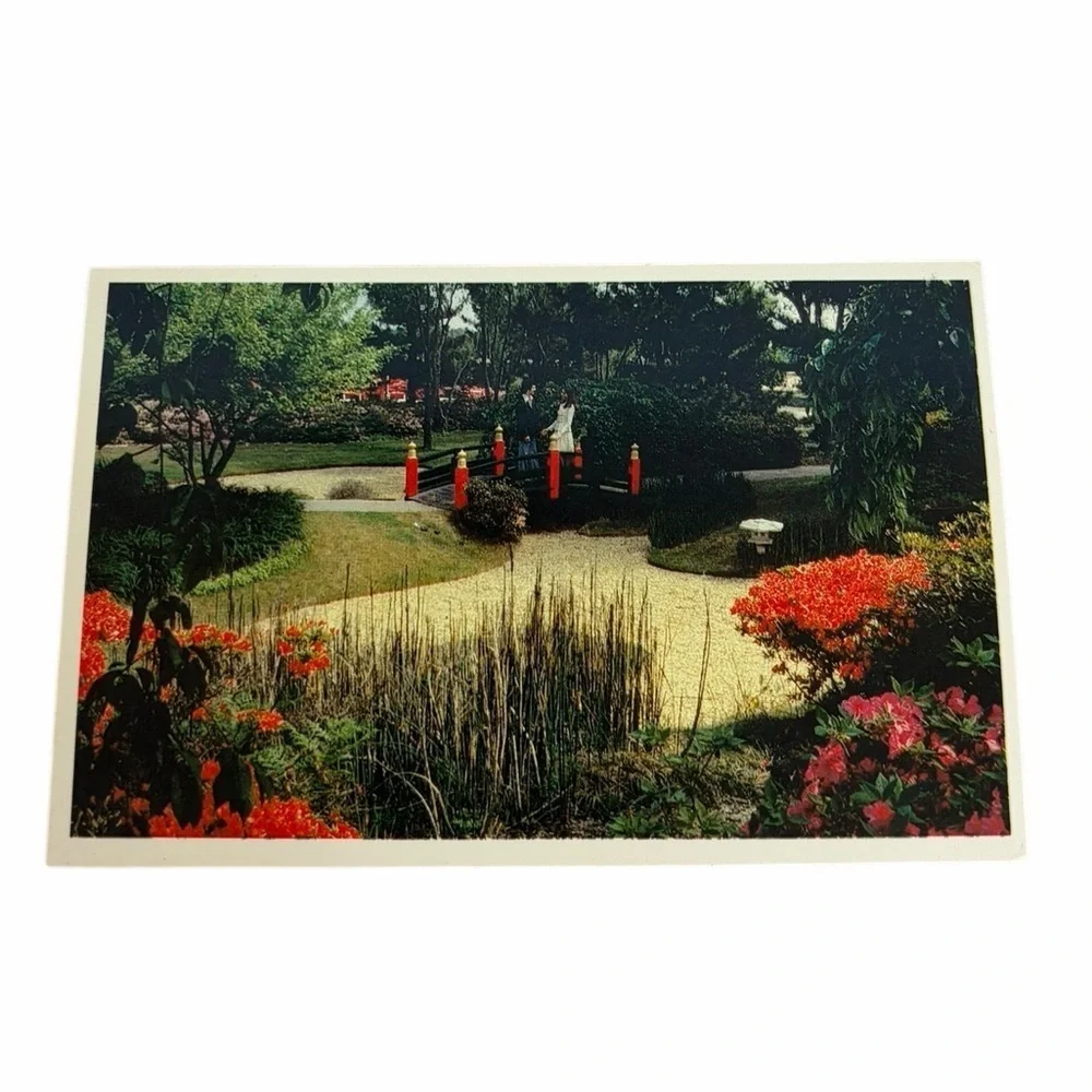 Vintage Norfolk Virginia Postcard - Gardens-By-The-Sea Azaleas & Red Bridge